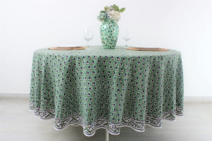 Ridhi Round Tablecloth Hand Block Print 100% Cotton Reusable Basil Green 120 Inch Table Cover Decorative Everyday Use for Dining, Home, Party, Wedding, Farmhouse, Party Gift for Spring, Mother's Day