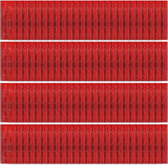 100 Pack Red Foil Fringe Backdrop Curtains 3.2ft x 8.2ft Tinsel Foil Fringe Curtains for Birthday Party Decorations Photo Booth Backdrop for Halloween Christmas New Year Holiday Decorations