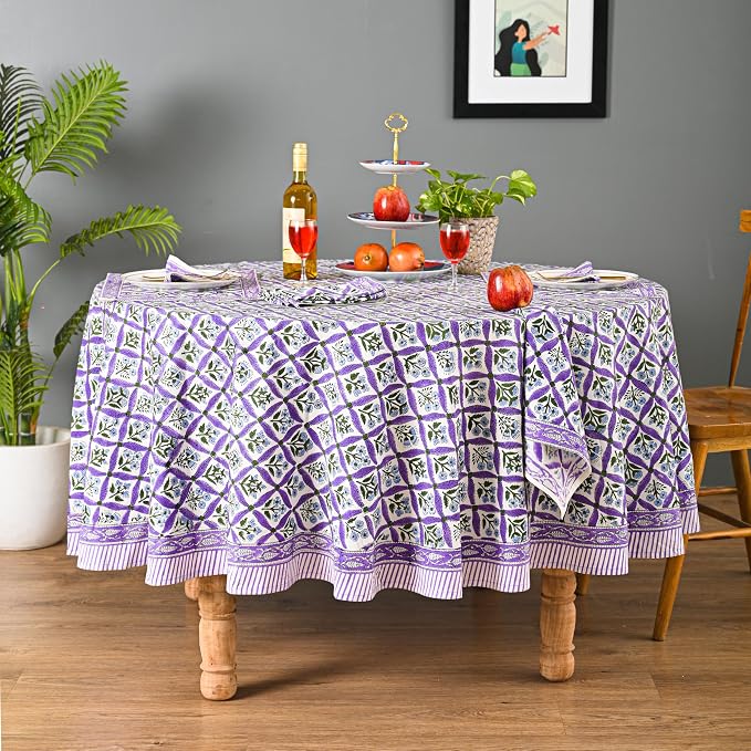 Hand Block Printed Tablecloth – Colorful Floral Print | 100% Cotton | Indian Artisan Handmade Art | Dining Room, Kitchen, Outdoor Décor, (Royal Purple Flora, 108 Inches Round)