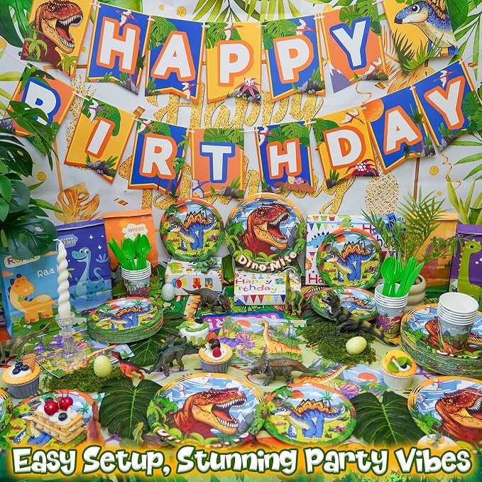 Daidle Birthday Party Supplies Kit for 24 Guests - for Dinosaur Birthday Decorations, with Banner & Tablecloth, Plates, Cups, Napkins and Cutlery, 1st Dinosaur Party Decorations for Kids