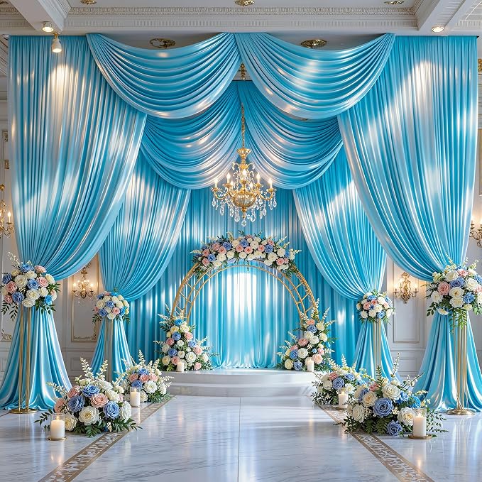 20x10ft Sky Blue Glitter Backdrop Curtain for Parties, Wrinkle Free Satin Photo Backdrop Drapes 4 Panels 5x10FT Shimmer Back Drop Cloth for Wedding Birthday Baby Shower Photography Background Decor