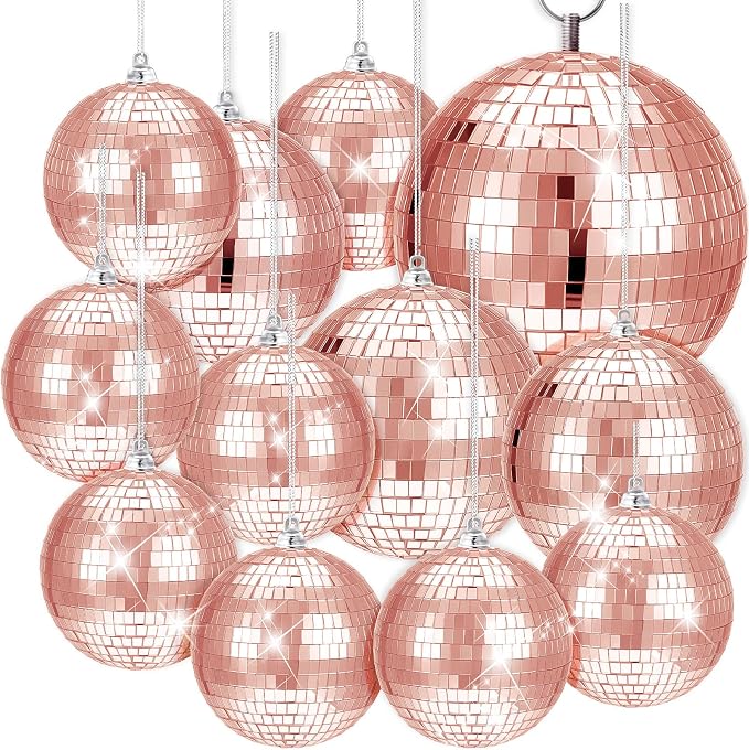 WILLBOND 12 Pack Disco Ball Party Decorations Hanging Mirror Balls Fun Retro Dj Lighting Effect Stage Props Game Accessories, 5.91", 3.94", 3.15", 2.36"(Rose Gold)