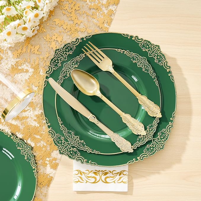 Fijinhom 350pcs Green Plastic Plates, Elegant Disposable Dinnerware Set, 125 Pieces, White and Gold, Plates, Cups, Cutlery and Napkins (Green, 50 Guests)