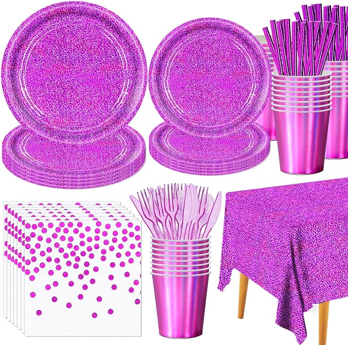 161Demon Hunter Holographic Laser Tablewares Kit, Pink Sparkling Iridescent Grad Decor for 20 Guests-Purple Party Supplies Paper Plates Napkins Cups Cultery for Birthday Wedding Graduation Bachelor