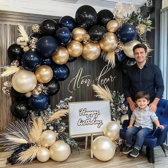 Navy Blue Black Balloon Arch - Double Stuffed Pearl White Sand, Dark Royal Blue Gold Balloon Garland Kit for Birthday 2026 Graduation Men Anniversary Prom Wedding Party Decoration