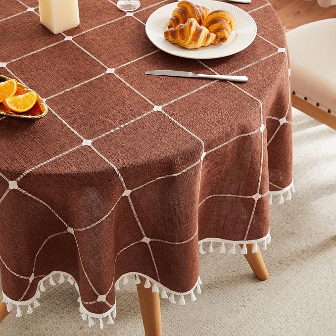ZeeMart Boho Grid Table Cloth with Tassels (Terracota, 60" Round), Heavy Weight Linen Checked Embroidered Farmhouse Tablecloth, Water Resistant Round Rust Tablecloths