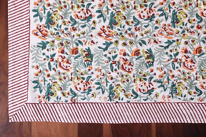 ATOSII Ambrosia Green 100% Cotton Boho Rectangle Spring Tablecloth, Handblock Floral Print Table Cloth Linen for Kitchen Dining I Parties Outdoors Weddings Easter Picnics I 72 X 108 Inches I 8 Seater