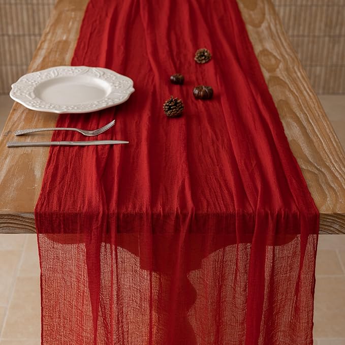 Keketoarrange Red Mothers Day Cheesecloth Table Runner Cheese Cloth Rustic Gauze Table Runner 120 Inch 10 FT for Wedding Baby Bridal Shower Sheer Boho Holiday Spring Summer Home Decorations