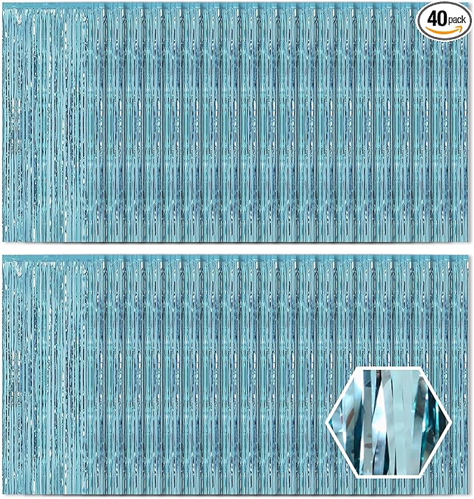 40 Pack Blue Foil Curtain Backdrop Metallic Tinsel Foil Fringe Curtains Photo Booth Props for Birthday Party Decoration Christmas Holiday Halloween New Year Party Supply, Blue