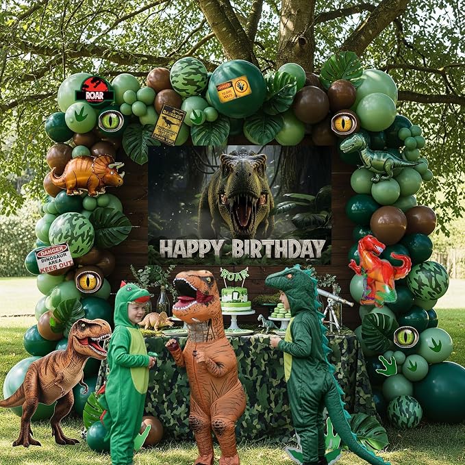 Dinosaur Birthday Decorations with Hunter Green Brown balloon arch & small T-Rex Foil balloons & backdrop Sign & Artificial Palm Leaves for Boys Jungle Safari Dino ROAR Party Supplies (Green Brown)