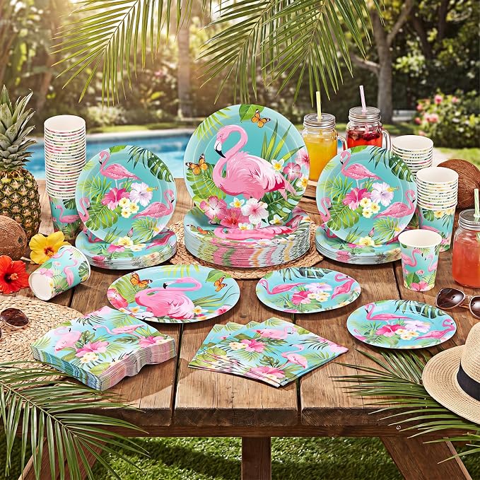 Pickmesh 250 Pcs Summer Flamingo Disposable Tableware Set Hawaiian Luau Party Supplies Tropical Paper Plates Napkins and Cups for Summer Beach Aloha Baby Shower Birthday Pool Party, Serve 50 Guest