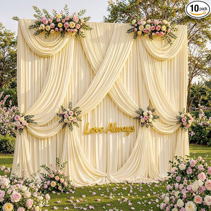 50ftx12ft Wrinkle Free Champagne Backdrop Curtain, 10 Panels 12FT Long Wedding Photo Backdrop Drapes, Silky Polyester Back Drop Cloth for Birthday Photography Background Party Backdrop Draping