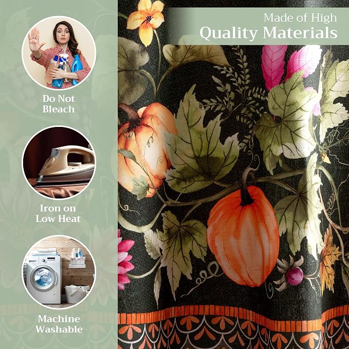 Maison d' Hermine Table Cloth Round Table 100% Cotton 69 Inches Fall Tablecloth Reusable Everyday Use for Thanksgiving Christmas Decorations Dining Farmhouse Party (Pumpkin Garden - Dark Green)