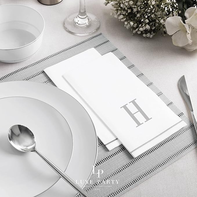 Luxe Party 112 Pack Monogram Napkins | Letter H Initial | Disposable | Premium Airlaid | Linen Feel | Decorative Table Setting | Guest Towel Napkin | White and Silver