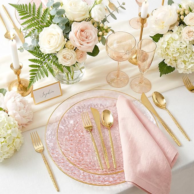 I00000 150Pcs Clear Pink Plastic Plates with Gold Rim,Pink Disposable Plates,Clear Hammer Patterned Disposable plates Set include 30 Dinner Plate,30 Dessert Plate,90 Plastic Silverware Set for Party