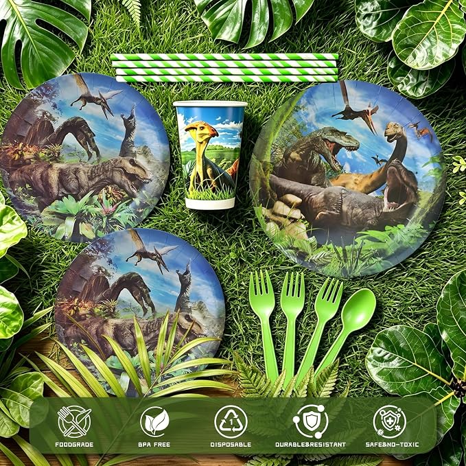 Dinosaur Birthday Party Decorations, 173 PCS Dino Party Supplies | Tableware Serves 10, Banner, Backdrop, Tablecloth, Cake Toppers, Balloons, Hanging Swirls, Stickers for Party Decor