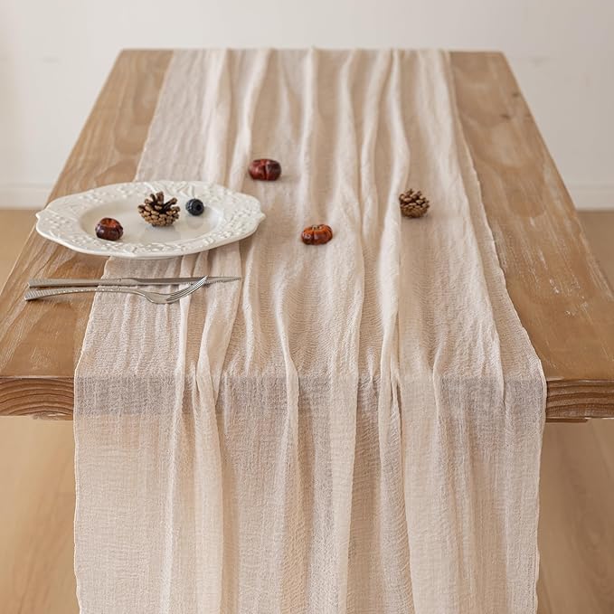 Keketoarrange 10pcs Beige Cheesecloth Table Runner Gauze Rustic 120 Inch 10 FT for Wedding Baby Shower Bridal Shower Birthday Engagement Garden Party Long Sheer Boho Spring Home Decorations