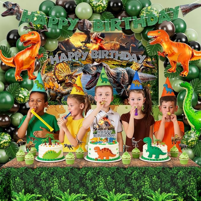 THAWAY Dinosaur Birthday Decorations for Boys - 119 Pcs Dino Party Supplies Kit with Backdrop, Tablecloth, Balloon Arch, and Boxes - Prehistoric Theme Party Decorations for Birthday