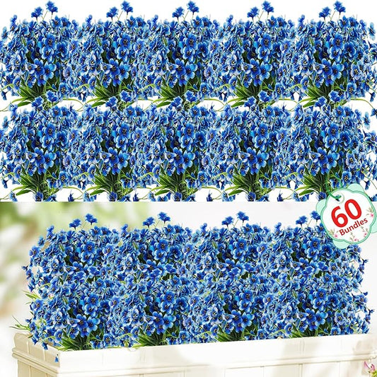 Powbrace 60 Pack Artificial Flowers for Outdoor Indoor Fake Plants, Faux Silk Flowers for Outdoors Outside Front Porch Hanging Planter Window Box Garden Spring Decoration(Blue)