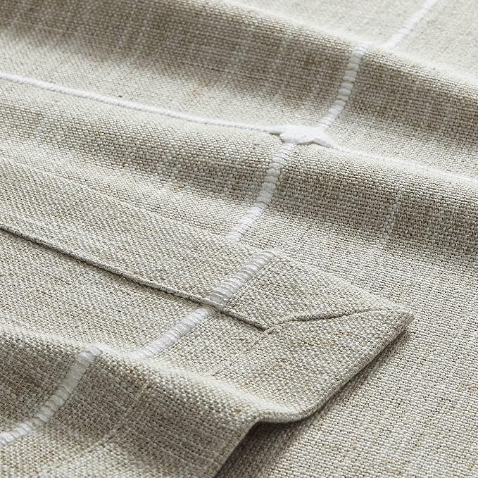 ZeeMart Grid Embroidered Hemmed Tablecloths, Raw Linen 52x52 Inch, Farmhouse Style Heavy Weight Cotton Linen Beige Tablecloths, Boho Plaid Water Resistant Square Table Cloth