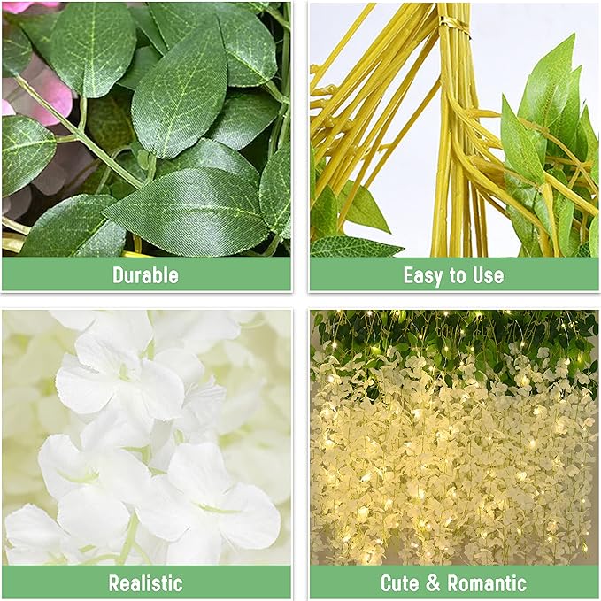 BLEUM CADE 10Pcs White Fake Wisteria Hanging Flowers with Lights, 3.6Ft/Pcs Artificial Wisteria Garland, Hanging Flowers for Wedding Party Home Backdrop Wall Decoration