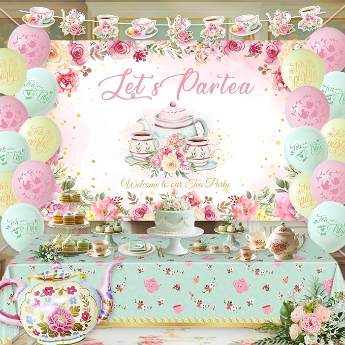 Tea Party Decorations For Women,Pastel Balloons,Tea Party Backdrop,Banner,Teapot Mylar Foil Balloon,Table Cloth,Paper pom poms Party Supplies for Girls