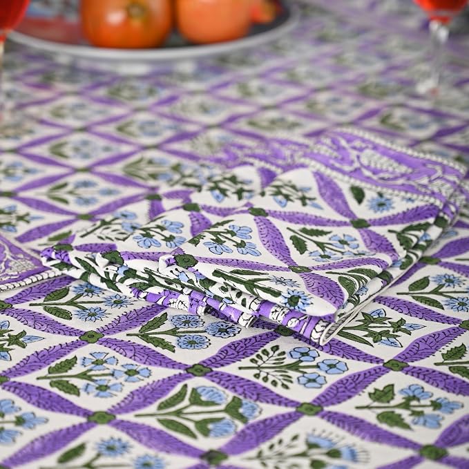 Hand Block Printed Tablecloth, Colorful Floral Print, Indian Artisan Handmade Art, Dining Room, Kitchen, Outdoor Décor, (Royal Purple Flora, 12 Seater 72 x 135 Inches Rectangle)
