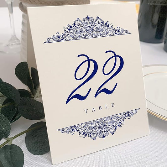 Paisley Wedding Table Numbers (Select Color/Quantity), Champagne, Navy, 1-175, Double Sided, Tent or Use in a Stand, Great for Parties & Restaurants - Made in the USA
