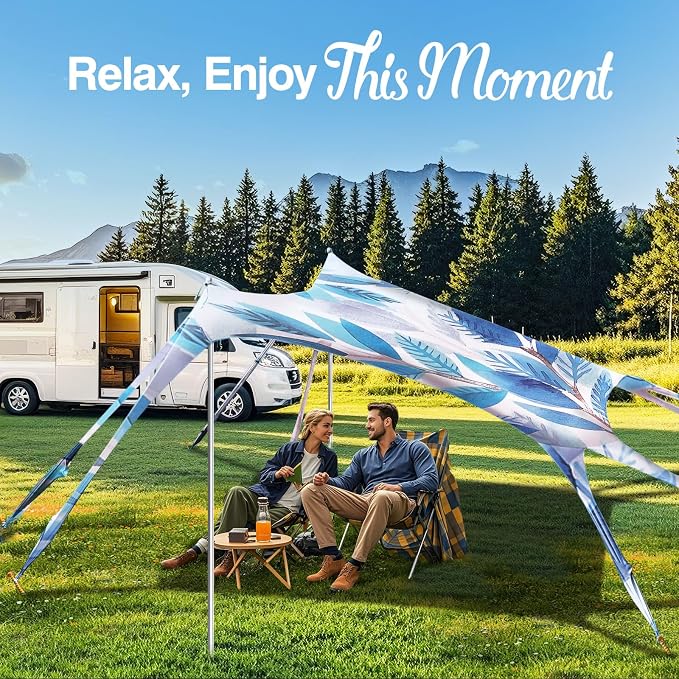 Rhino Valley Beach Tent,10x10 FT Beach Shade UPF50+ Protection,Beach Canopy with 8 Sandbags 4 Stability Poles,Outdoor Beach Tent Sun Shelter Umbrella for Sand,Camping,Fishing Essential,White Blue Leaf