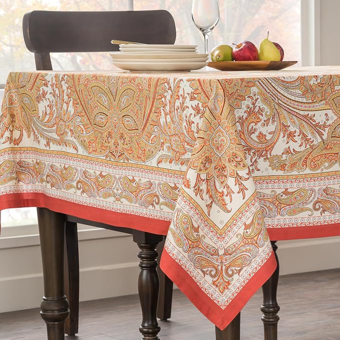 Maison d' Hermine Table Cloth Rectangle Table 100% Cotton 70 x 90 Inches Fall Tablecloth Reusable Everyday Use for Thanksgiving Christmas Decorations Dining Farmhouse Party (Kashmir Paisley)