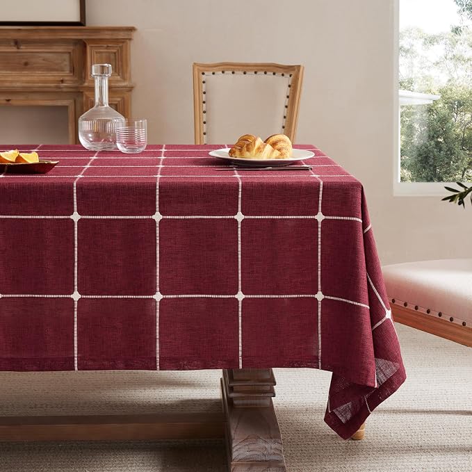 ZeeMart Grid Embroidered Hemmed Tablecloths, Burgundy 60x104 Inch, Farmhouse Style Heavy Weight Cotton Linen Red Tablecloths, Boho Plaid Water Resistant Rectangle Table Cloth