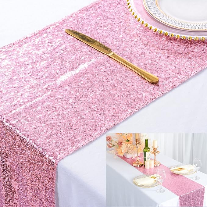 ShinyBeauty 12" x 108" Sequined Table Runner - Fushia Pink