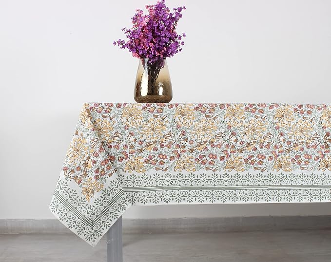 Ridhi Canary Yellow Mint Green Block Print Cotton Rectangle Tablecloth 120" x 80" inches Reusable Table Cover Decorative Everyday Use for Dining Room, Farmhouse, Home Gift for Spring, Mother's Day
