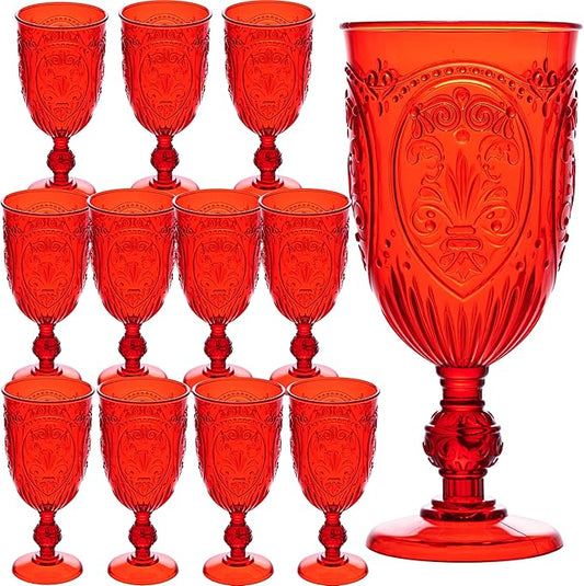 JLYLOL Plastic Wine Glasses 12Pcs Plastic Goblets 7.5oz Colored Retro Embossed Glassware Vintage Stemmed Drinking Cup Reusable Water Goblets for Wedding Reception Grand Event Party Bar,Whiskey (Red)