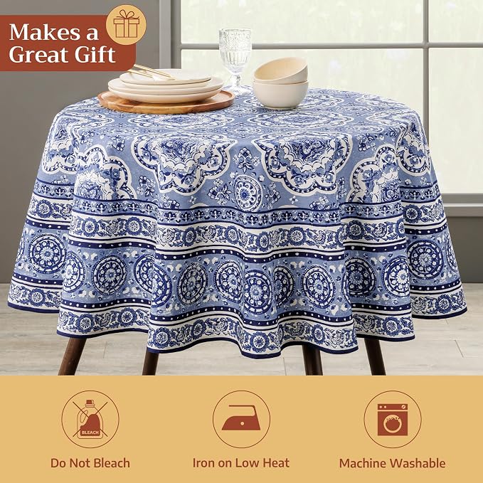 Maison d' Hermine Table Cloth Round Table 100% Cotton 69 Round Inches Tablecloth Reusable Decorative for Dining Kitchen Room Farmhouse Party Home Hotel Restaurant Spring Summer - Melodie Bleue