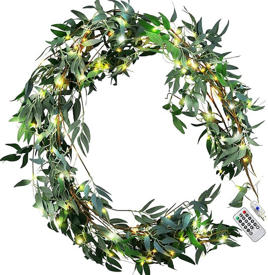 FiveSeasonStuff 2 Mix Greenery Garlands with 33 ft USB String Lights, Bendable Willow & Eucalyptus Vine for Wedding Backdrops, Fireplace Mantels and Party Decor