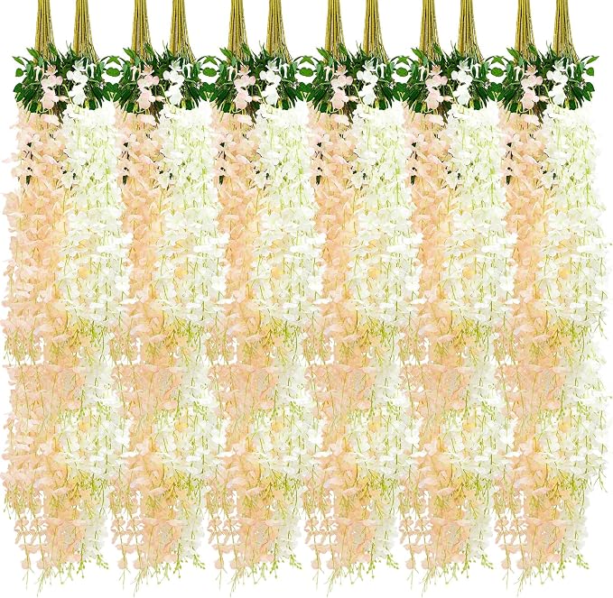 Giegxin 36 Pcs Artificial Wisteria Hanging Flowers 3.6 ft Artificial Fake Wisteria Vine Rattan Hanging Garland Silk Flowers String for Wall Home Wedding Party Greenery Decorations (Champagne,White)