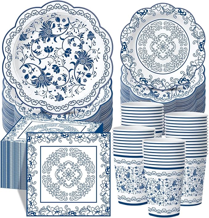 Pickmesh 250 Pcs Chinoiserie Party Supplies Decorations Blue and White Porcelain Disposable Paper Plates Napkins and Cups for Blue White Floral Baby Shower Birthday Wedding Tea Party, Serve 50