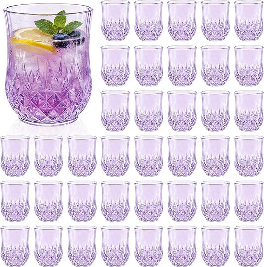 40 Pack Plastic Stemless Wine Glasses,12oz Unbreakable Vintage Elegant Drinking Glass Set,Reusable Fancy Cocktail Cups for Party, Wedding, and Bulk Events (40, 12oz-Purple)