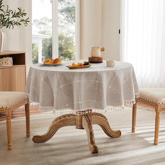 ZeeMart Boho Grid Table Cloth with Tassels (Taupe, 52" Round), Heavy Weight Linen Checked Embroidered Farmhouse Tablecloth, Water Resistant Round Beige Tablecloths