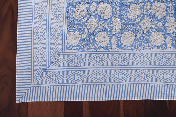 ATOSII Azora Blue 100% Cotton Rectangle Summer Tablecloth, Handblock Floral Table Cloth for Dining Table I Parties Wedding Outdoors I Grand Millennial Decor 60 X 108 Inches I 8 Seater Memorial Day