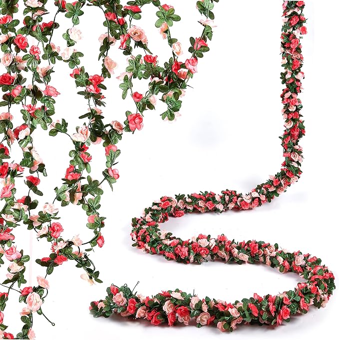 BLEUM CADE 12Pcs 98.4Ft Flower Garland Artificial Rose Vines for Bedroom, Cute Fake Hanging Flower Vines Floral Garland Decorations for Wedding Party Wall Room Decor Aesthetic