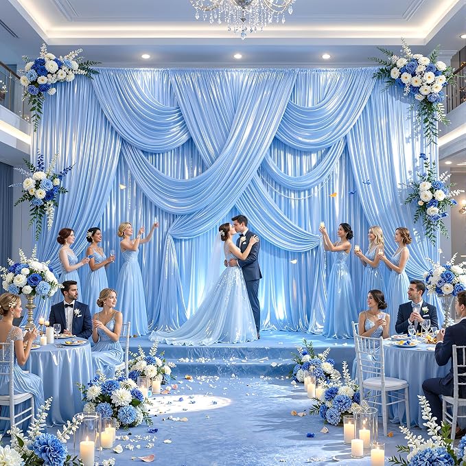 Blue Glitter Backdrop Curtains - 20x12FT Satin Photo Backdrop, Wrinkle-Free Shimmer Back Drop Cloth Shiny Drapes for Photobooth Wedding Birthday Parties Photoshoot Background Decorations