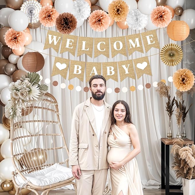 Kriyokiaa Boho Baby Shower Decorations 15 Pcs Gender Neutral Baby Shower Decorations Elegant Earth Tones Paper Pompoms and Lanterns with Welcome Baby Banner for Boy Girl