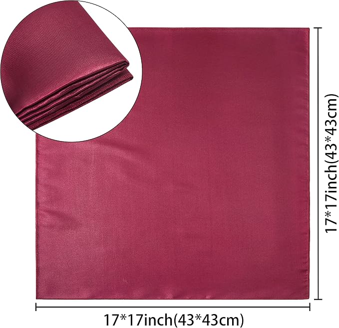 24 Pack Square Satin Dinner Napkins, 17x17 Inches Silky Soft Smooth Table Cloth Napkins for Restaurant Weddings Banquet Party Decoration, Burgundy