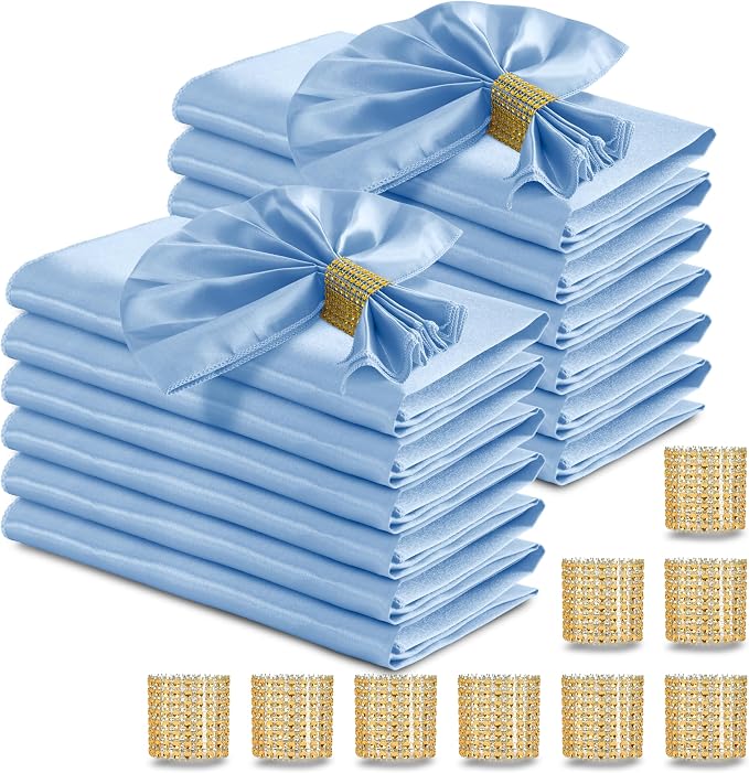 RUDONG M 100 Pcs Light Blue Satin Napkins and Napkin Rings Set, 17 x 17 Inch Square Cloth Napkins Set of 50, Silky Soft Table Napkins Bulk for Weddings, Banquet, Parties Dinner Decoration
