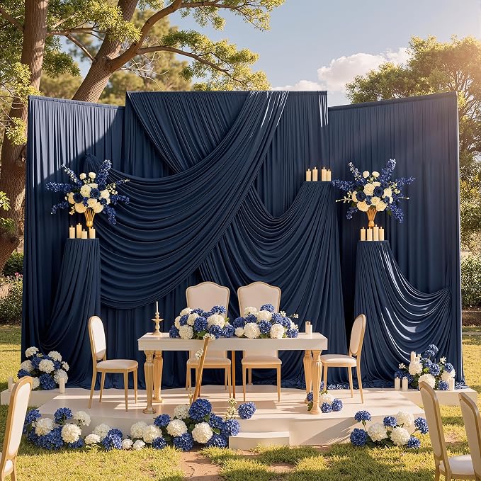 10x10ft Wrinkle Free Navy Blue Backdrop Curtains for Party Background, Silky Polyester Blue Photo Backdrop Drapes 2 Panels 5x10ft Back Drop Cloth Drapery for Wedding Birthday Photography Decor