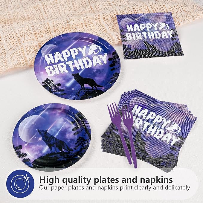 96Pcs Wolf Birthday Party Decorations Galaxy Wolf Plates and Napkins Black Purple Galaxy Disposable Paper Tableware Set for Animal Theme Birthday Outdoor Holiday Party Supplies Serves 24
