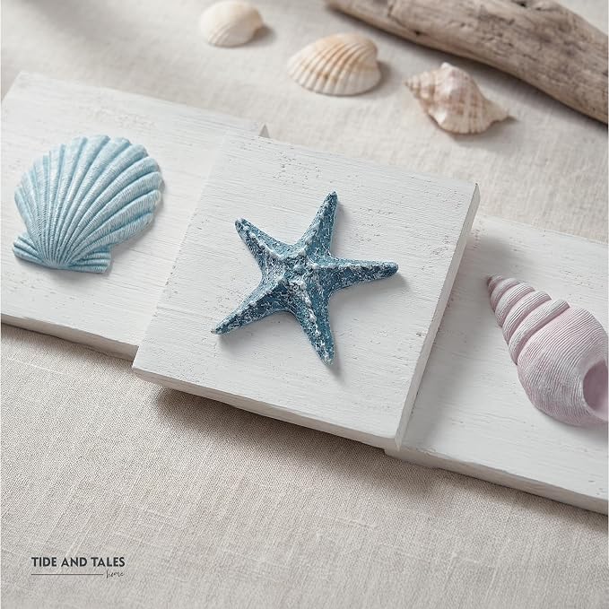 Tide and Tales 3D Beach Wall Art - Seashell with Starfish for Coastal Bathroom Decor, Ocean Inspired Decor for Bathroom, Coastal Bedroom, Living Room or Beach House, Set of 3 (6”x 6”)