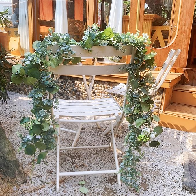 Eucalyptus Garland for Table, 6ft Faux Eucalyptus Garland with White Flowers & Seeds, 2pcs Artificial Eucalyptus Greenery Vines for Wedding Party Table Runner Backdrop Arch Mantle Handmade Wreaths